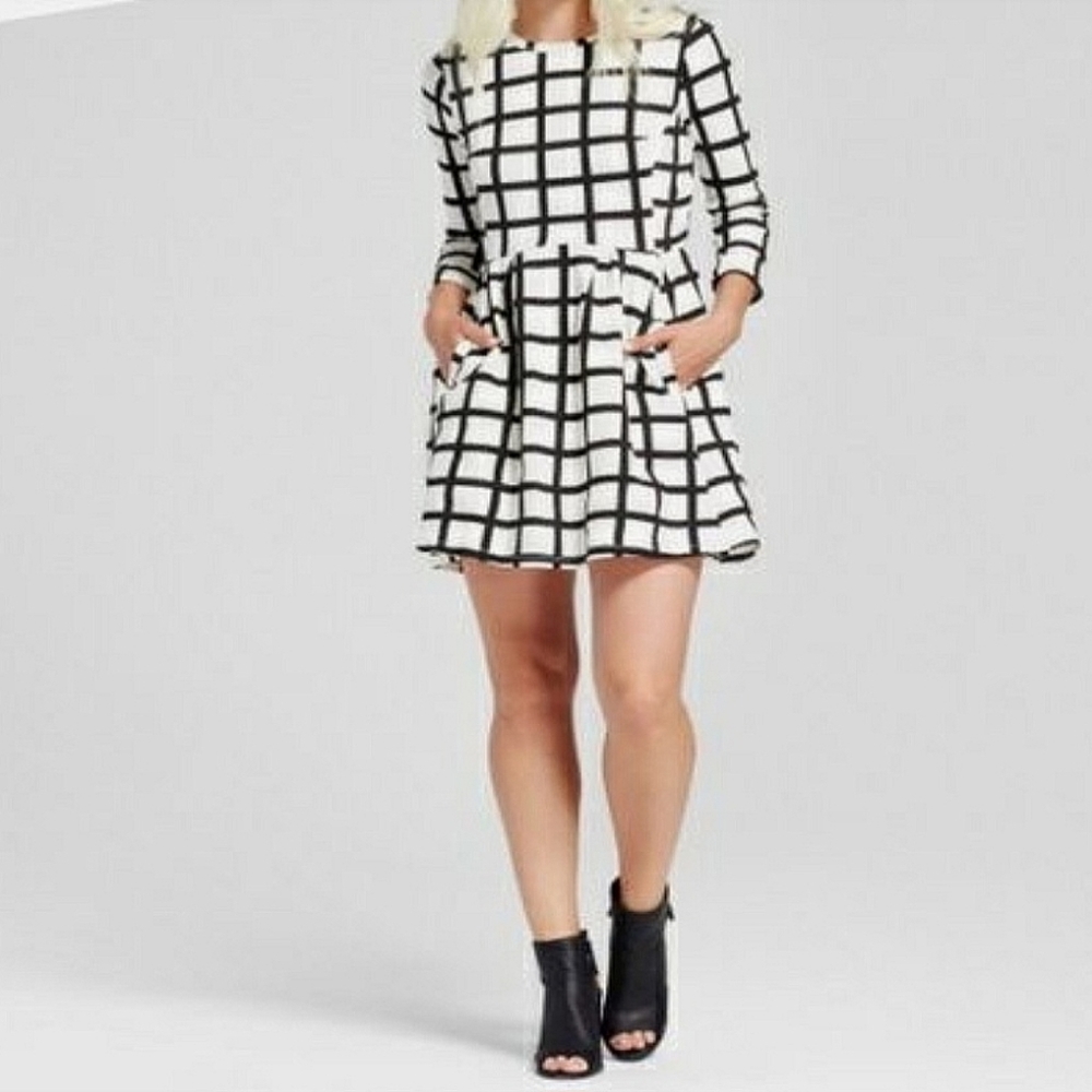 K by Kersh White n Black Plaid 3/4 Sleeve Dress Size Large